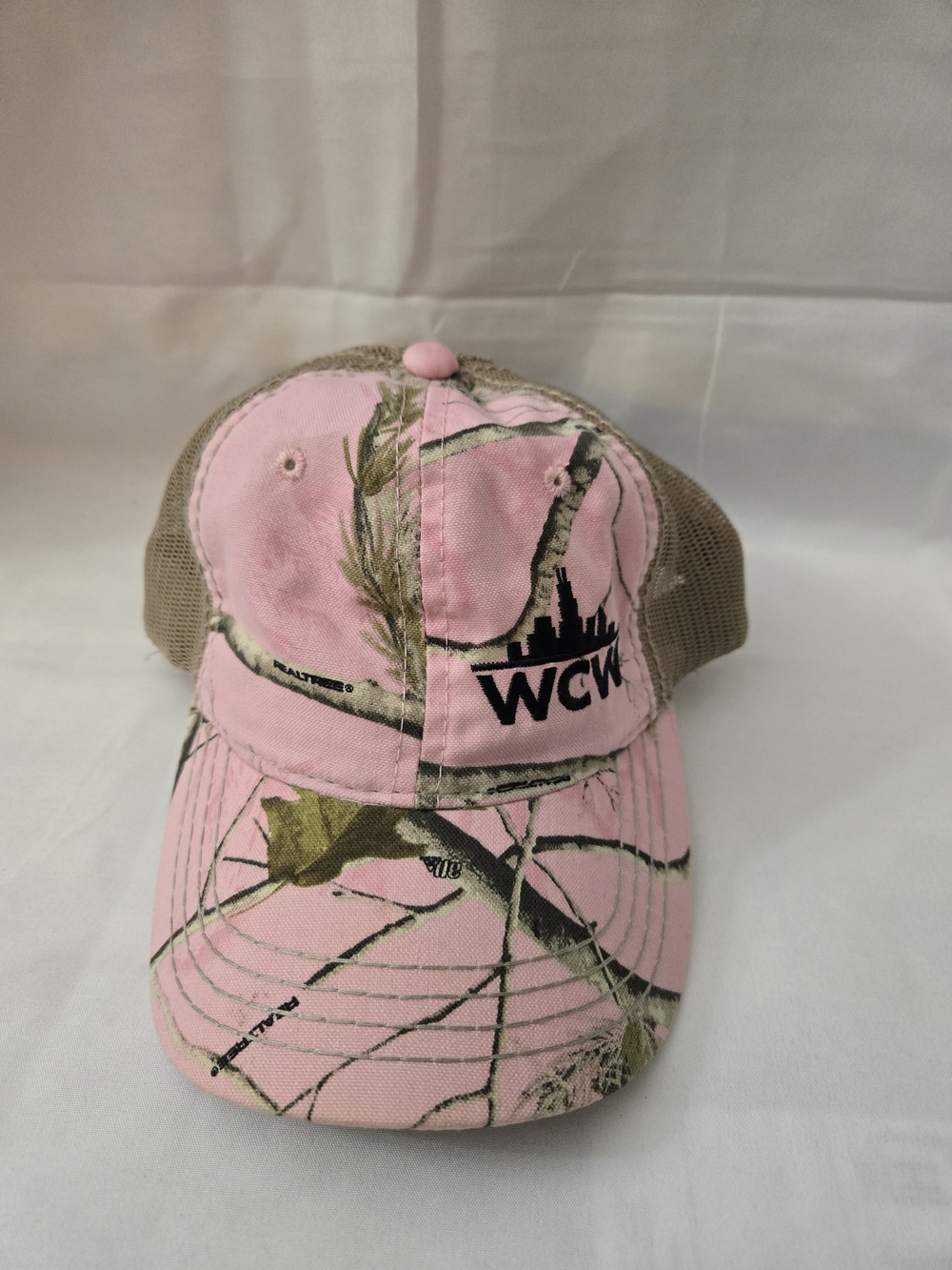 Realtree Pink Camo Trucker Hat with Tan Mesh - WCW Logo